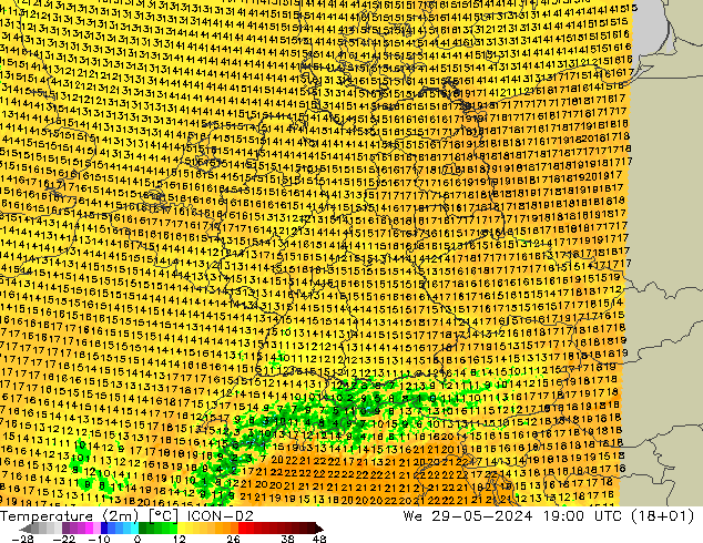 Temperatura (2m) ICON-D2 mer 29.05.2024 19 UTC