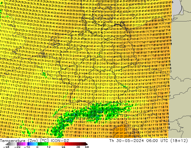 Temperature (2m) ICON-D2 Th 30.05.2024 06 UTC