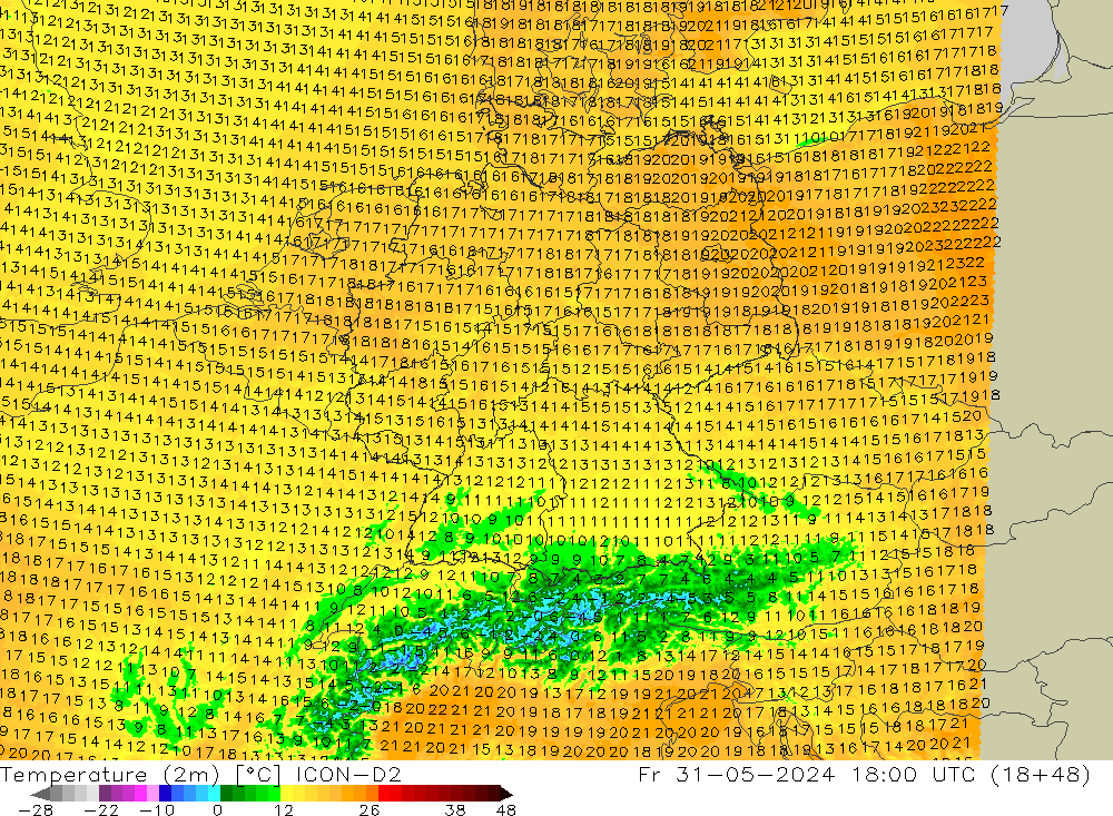 Temperature (2m) ICON-D2 Fr 31.05.2024 18 UTC