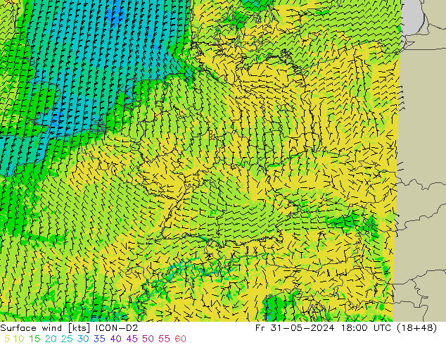 Viento 10 m ICON-D2 vie 31.05.2024 18 UTC