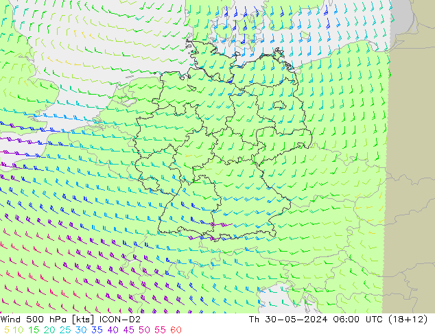 Vento 500 hPa ICON-D2 gio 30.05.2024 06 UTC