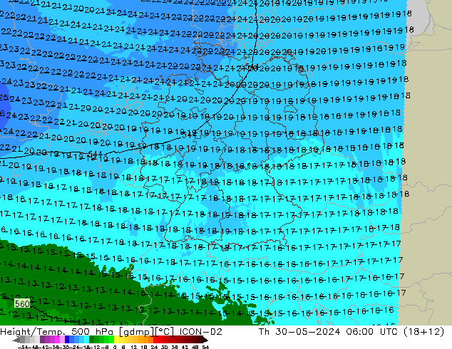 Height/Temp. 500 hPa ICON-D2 Qui 30.05.2024 06 UTC