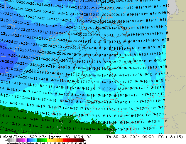 Height/Temp. 500 hPa ICON-D2 Qui 30.05.2024 09 UTC