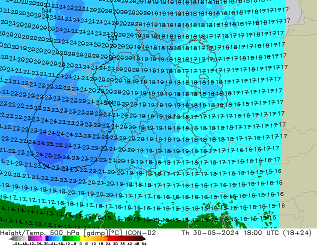 Height/Temp. 500 hPa ICON-D2 Th 30.05.2024 18 UTC