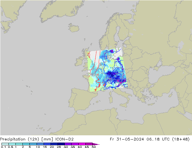 Précipitation (12h) ICON-D2 ven 31.05.2024 18 UTC