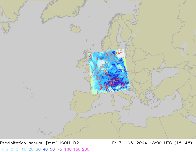 Totale neerslag ICON-D2 vr 31.05.2024 18 UTC