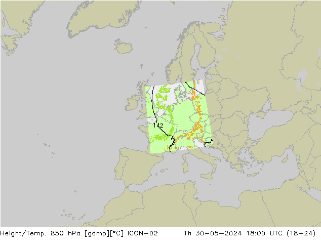 Height/Temp. 850 hPa ICON-D2 czw. 30.05.2024 18 UTC