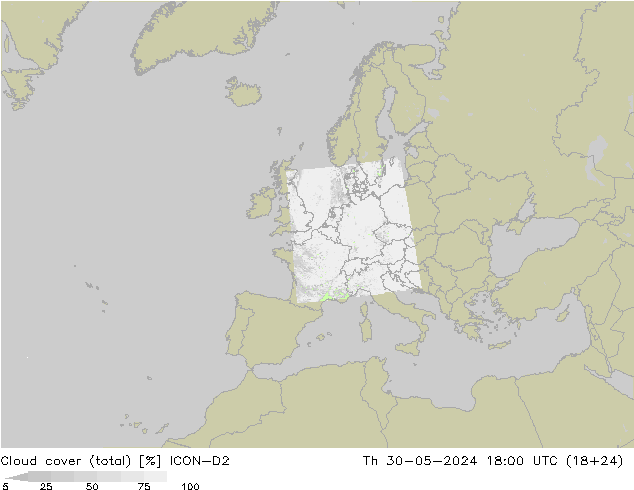 zachmurzenie (suma) ICON-D2 czw. 30.05.2024 18 UTC