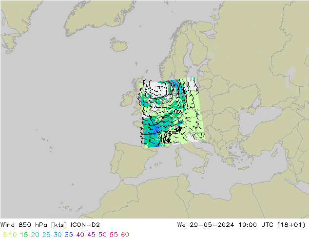 Wind 850 hPa ICON-D2 wo 29.05.2024 19 UTC