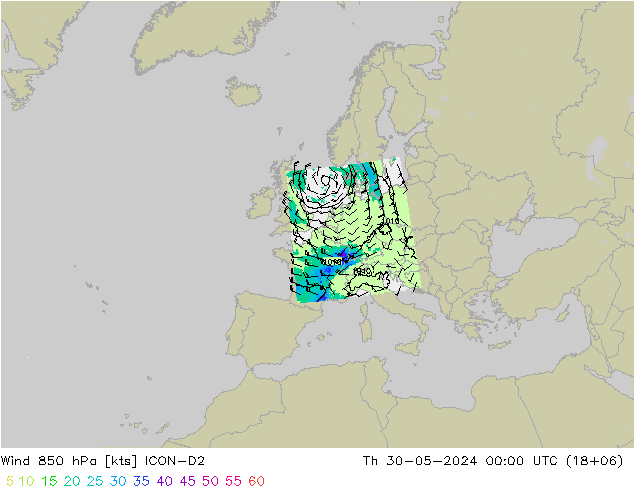 Wind 850 hPa ICON-D2 Čt 30.05.2024 00 UTC