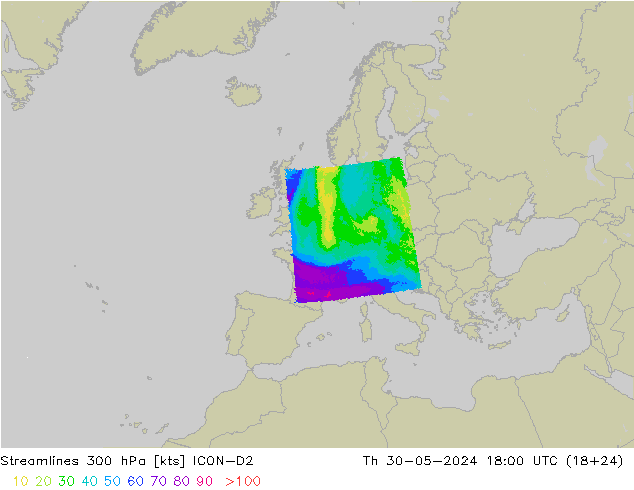Linea di flusso 300 hPa ICON-D2 gio 30.05.2024 18 UTC