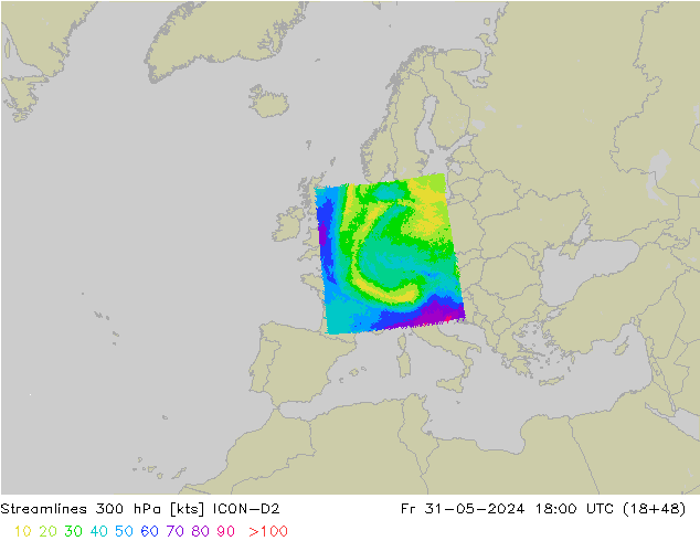 Linea di flusso 300 hPa ICON-D2 ven 31.05.2024 18 UTC