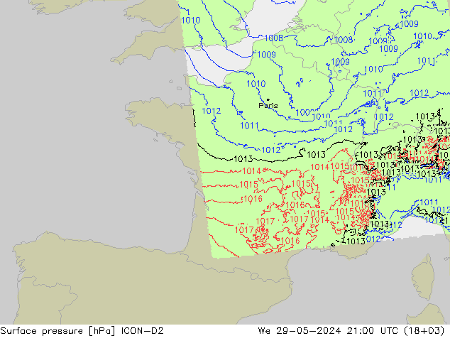 Surface pressure ICON-D2 We 29.05.2024 21 UTC