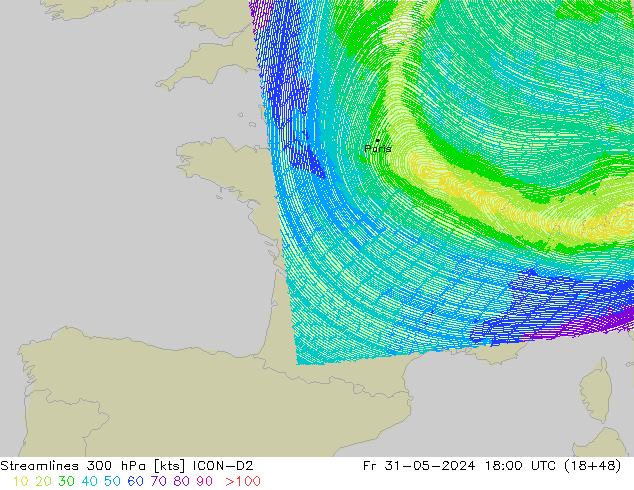 Ligne de courant 300 hPa ICON-D2 ven 31.05.2024 18 UTC