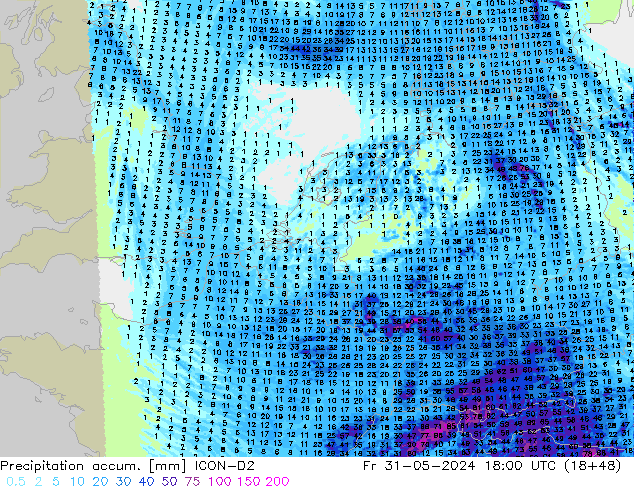 Totale neerslag ICON-D2 vr 31.05.2024 18 UTC