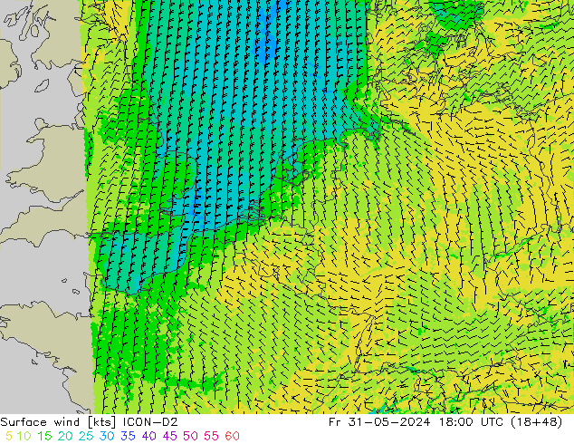 Wind 10 m ICON-D2 vr 31.05.2024 18 UTC