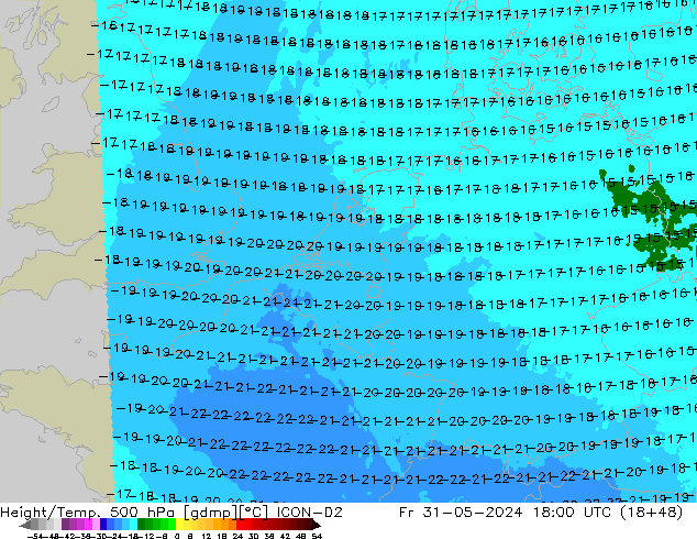 Height/Temp. 500 hPa ICON-D2 pt. 31.05.2024 18 UTC