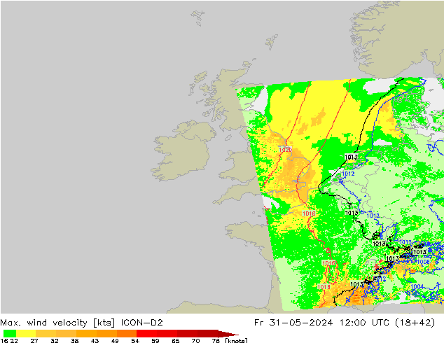 Max. wind velocity ICON-D2 pt. 31.05.2024 12 UTC