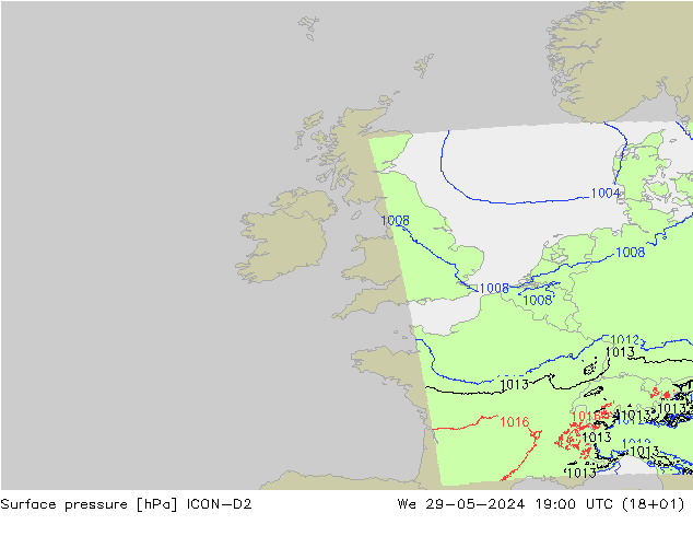 Presión superficial ICON-D2 mié 29.05.2024 19 UTC