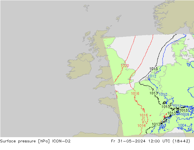 Pressione al suolo ICON-D2 ven 31.05.2024 12 UTC