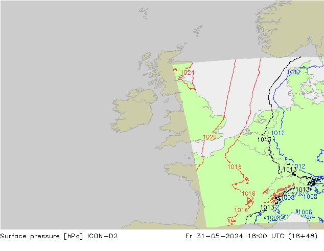 Atmosférický tlak ICON-D2 Pá 31.05.2024 18 UTC