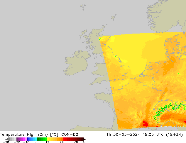 Temperature High (2m) ICON-D2 Th 30.05.2024 18 UTC