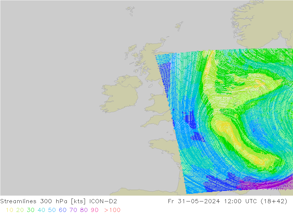 Rüzgar 300 hPa ICON-D2 Cu 31.05.2024 12 UTC