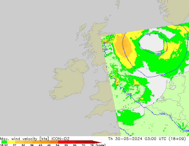 Max. wind velocity ICON-D2 czw. 30.05.2024 03 UTC