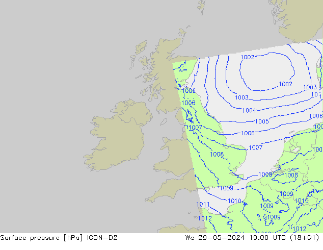 Presión superficial ICON-D2 mié 29.05.2024 19 UTC