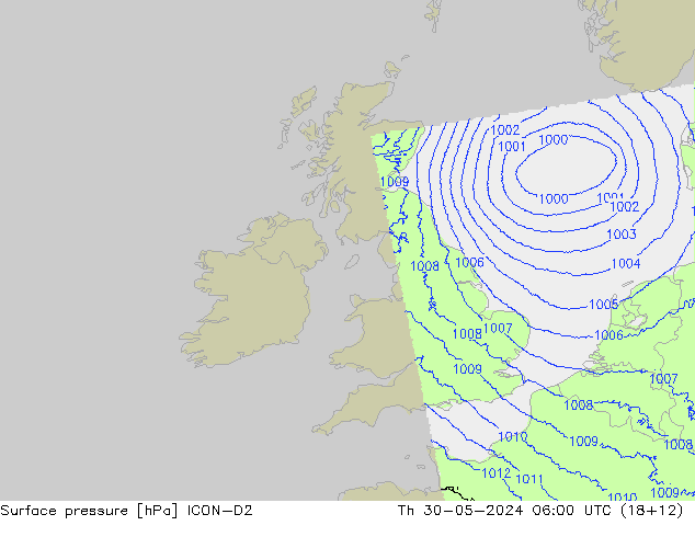 Pressione al suolo ICON-D2 gio 30.05.2024 06 UTC