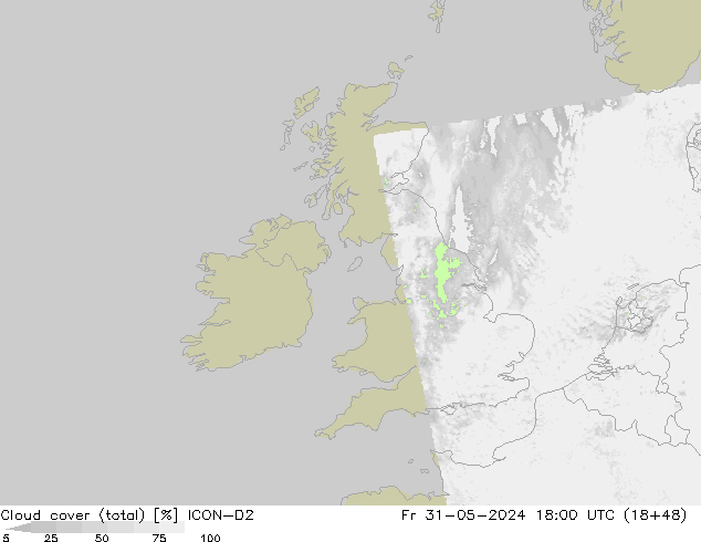 Cloud cover (total) ICON-D2 Fr 31.05.2024 18 UTC