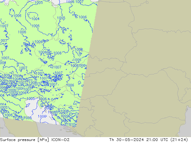 Atmosférický tlak ICON-D2 Čt 30.05.2024 21 UTC