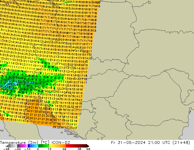 Temperatura (2m) ICON-D2 Sex 31.05.2024 21 UTC