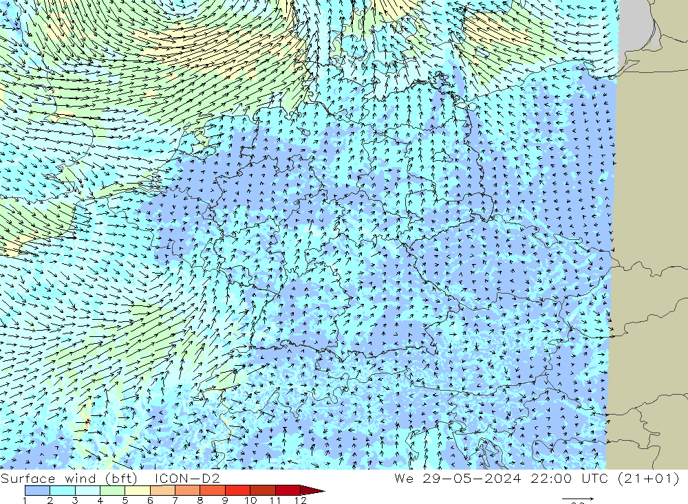 Bodenwind (bft) ICON-D2 Mi 29.05.2024 22 UTC