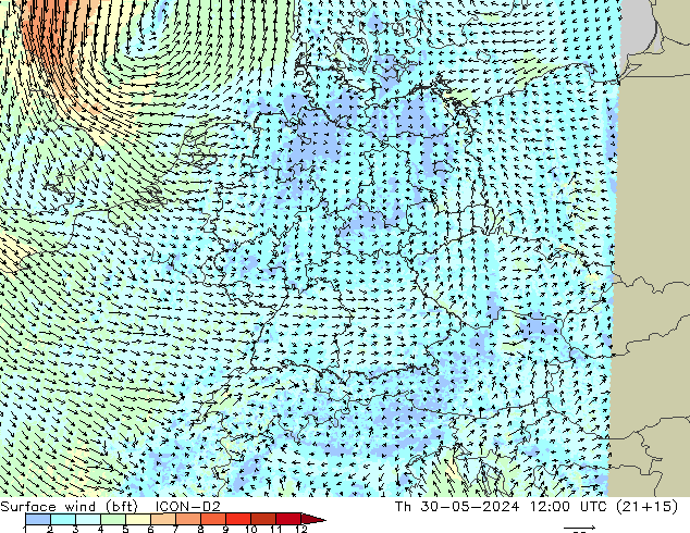 Vento 10 m (bft) ICON-D2 Qui 30.05.2024 12 UTC