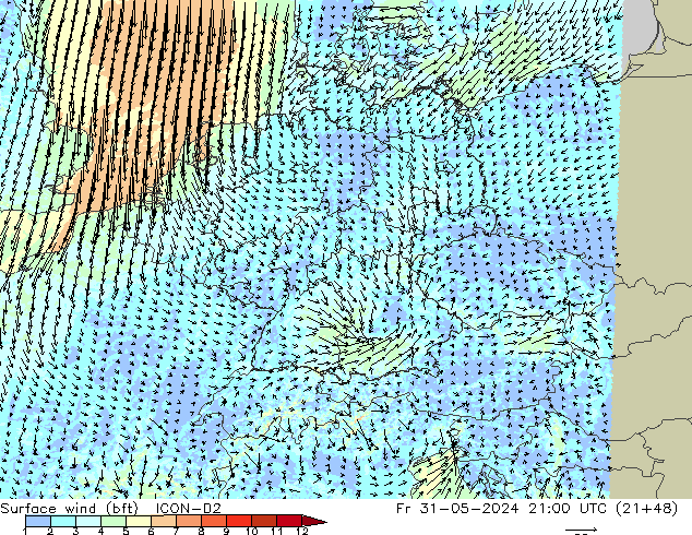 Surface wind (bft) ICON-D2 Pá 31.05.2024 21 UTC