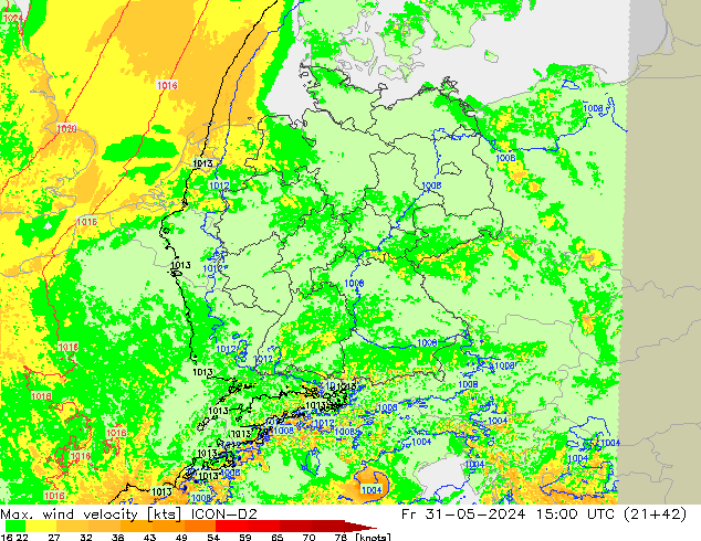 Max. wind velocity ICON-D2 Fr 31.05.2024 15 UTC