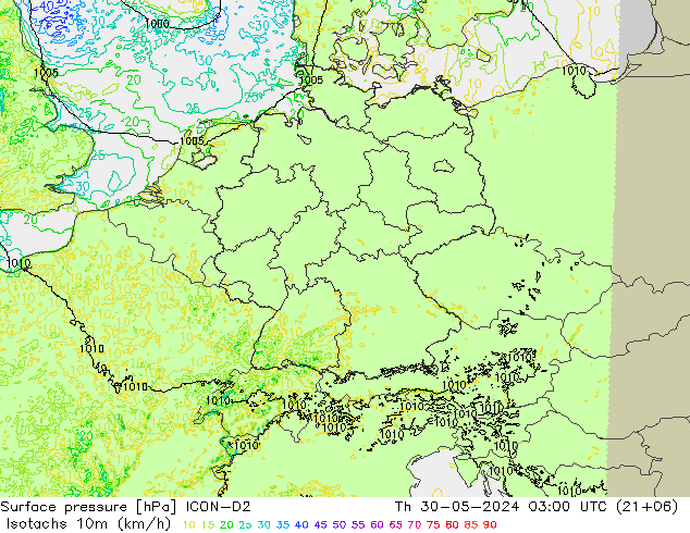 Isotachs (kph) ICON-D2 Th 30.05.2024 03 UTC