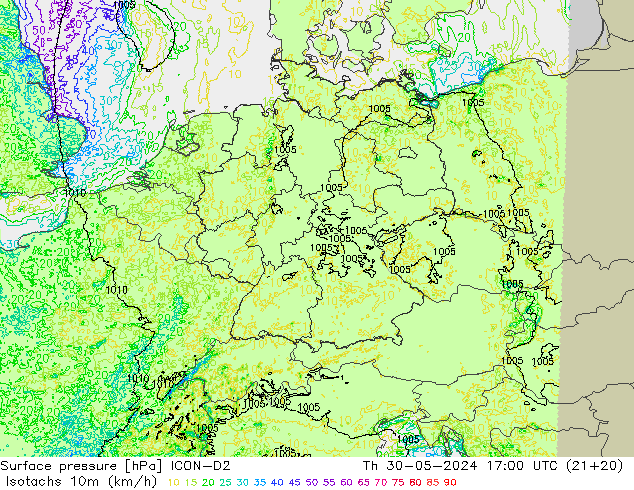 Isotachen (km/h) ICON-D2 do 30.05.2024 17 UTC