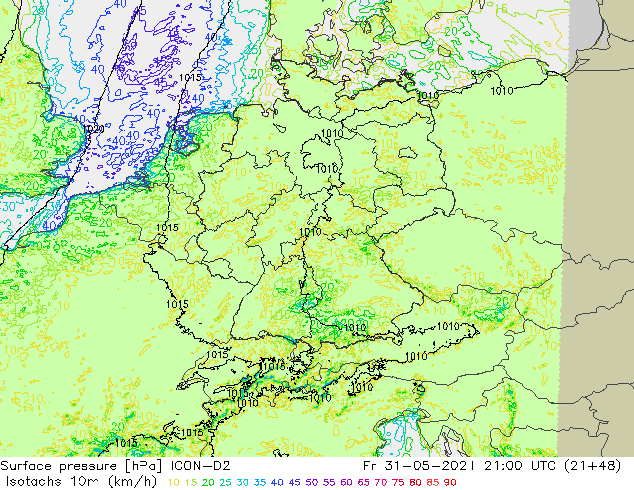 Isotachen (km/h) ICON-D2 Fr 31.05.2024 21 UTC