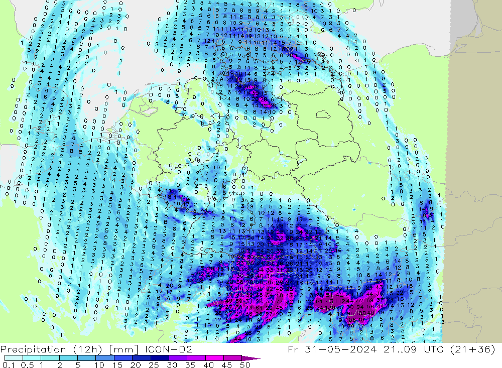 осадки (12h) ICON-D2 пт 31.05.2024 09 UTC