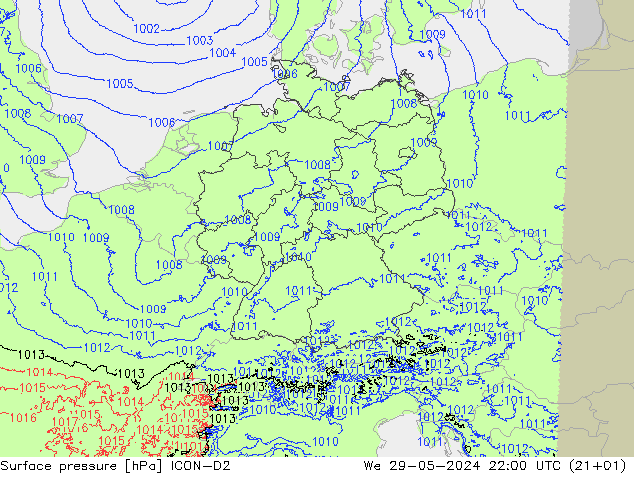 Surface pressure ICON-D2 We 29.05.2024 22 UTC