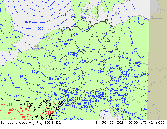 Atmosférický tlak ICON-D2 Čt 30.05.2024 00 UTC