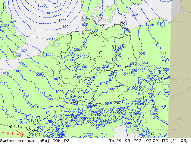 Pressione al suolo ICON-D2 gio 30.05.2024 03 UTC