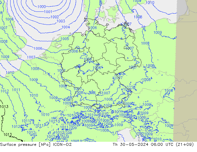 Surface pressure ICON-D2 Th 30.05.2024 06 UTC