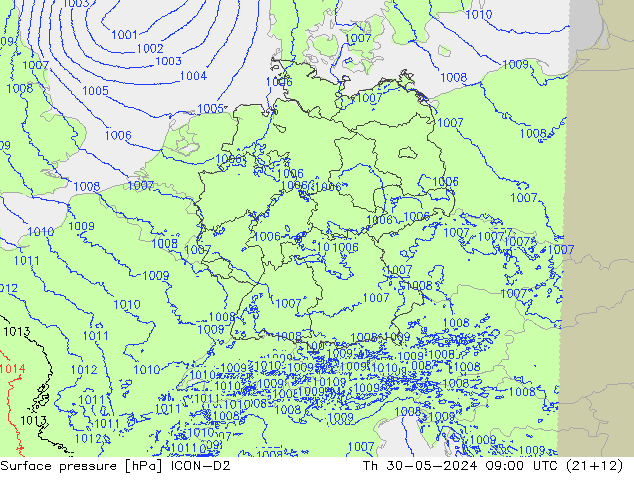 Atmosférický tlak ICON-D2 Čt 30.05.2024 09 UTC