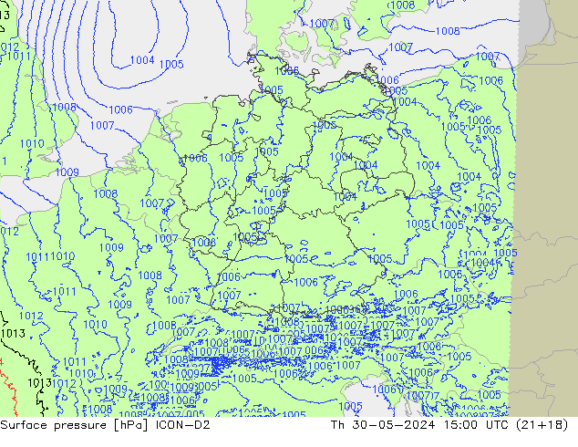 Surface pressure ICON-D2 Th 30.05.2024 15 UTC