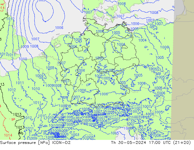 Pressione al suolo ICON-D2 gio 30.05.2024 17 UTC