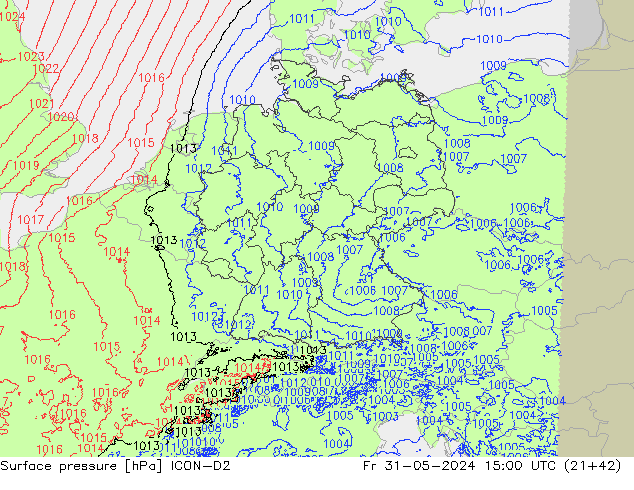 Luchtdruk (Grond) ICON-D2 vr 31.05.2024 15 UTC