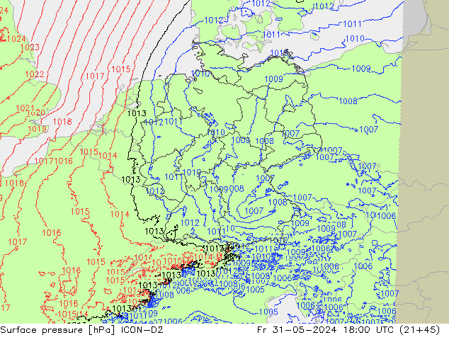 Luchtdruk (Grond) ICON-D2 vr 31.05.2024 18 UTC